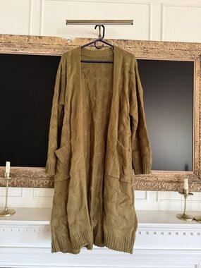 Olive Green Open-Front Cable Knit Long Cardigan Sweater